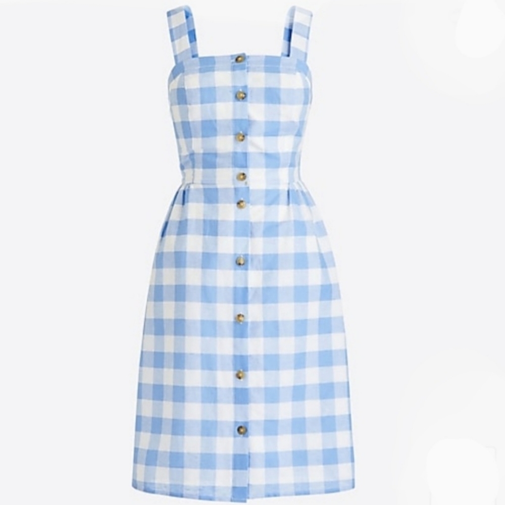 J.CREW Factory Gingham Button Front Linen Blend Mini Blue Dress - Picture 2 of 13